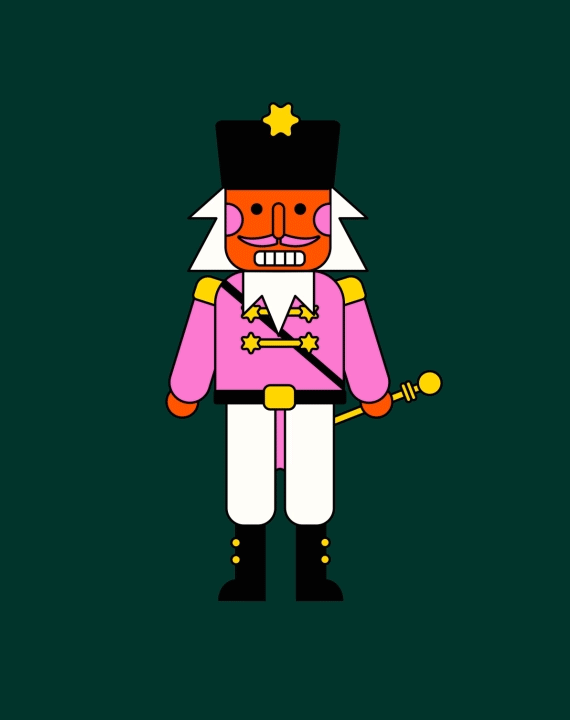 Ein animierter und illustrierter Nussknacker läuft vor dunkelgrünem Hintergrund auf und ab