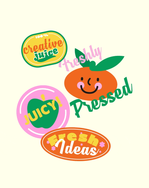 Vier animierte GIFs in Orange, Gelb, Rosa und Grün die Texte und eine Orange zeigen