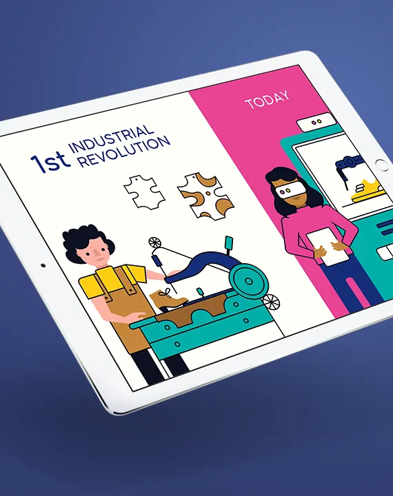 Ein Ipad vor dunkelblauem Hintergrund zeigt zwei Illustrationen einer Schuhmacherin