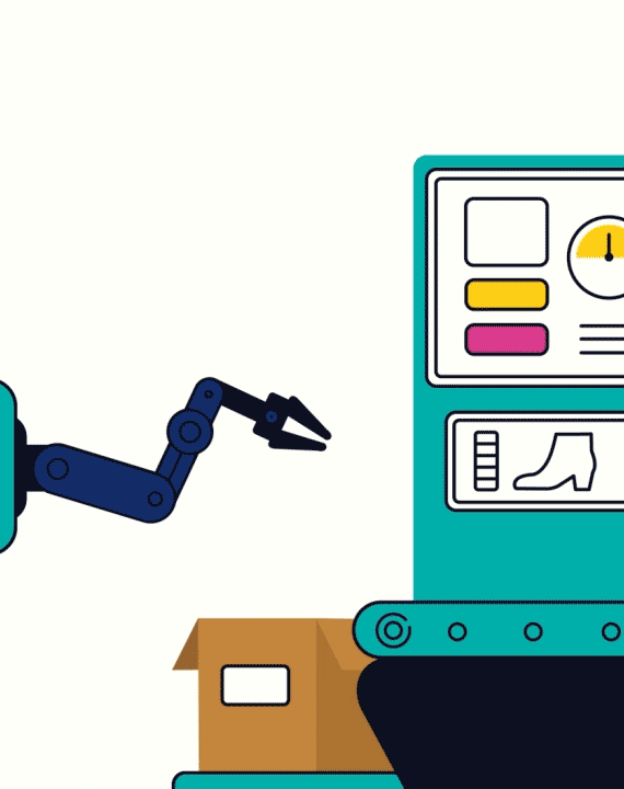 Eine animierte Szene einer Illustration zeigt die Schuhherstellung und Schuhverpackung