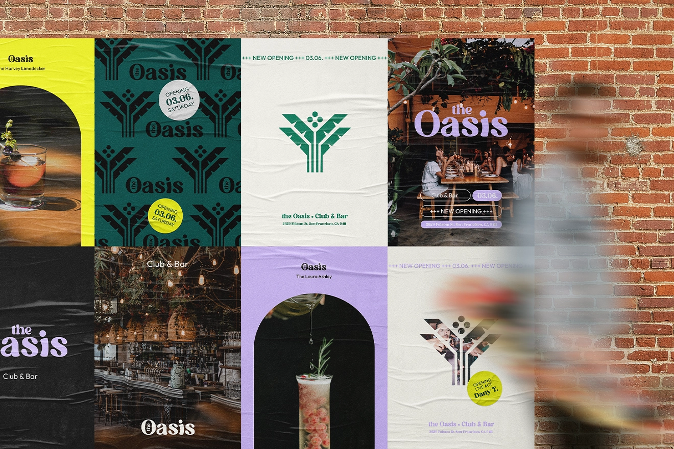 Eine Mauer an der verschiedene Poster für eine Bar zu sehen sind