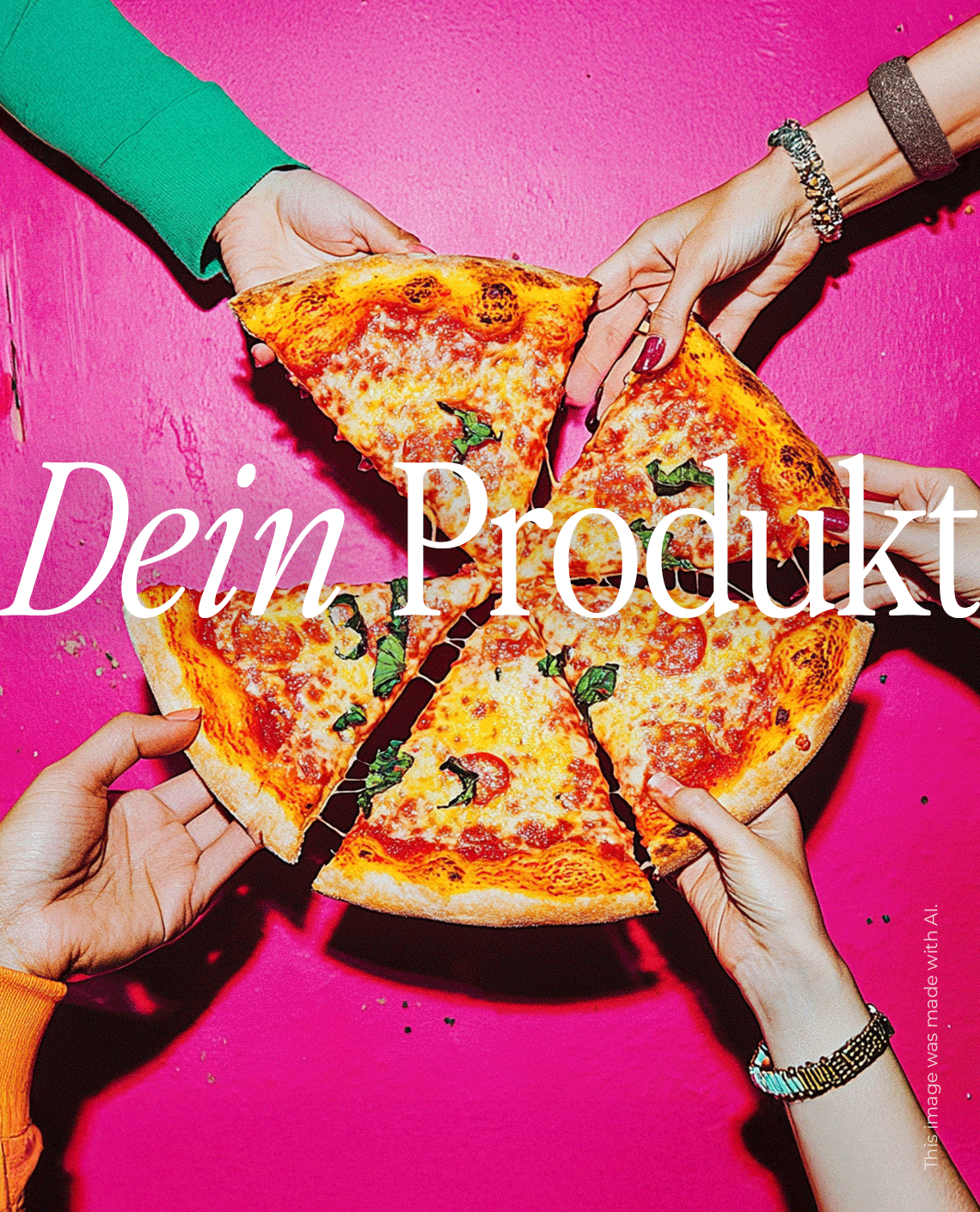 Vier Hände greifen von allen Seiten nach vier Stücken einer Pizza