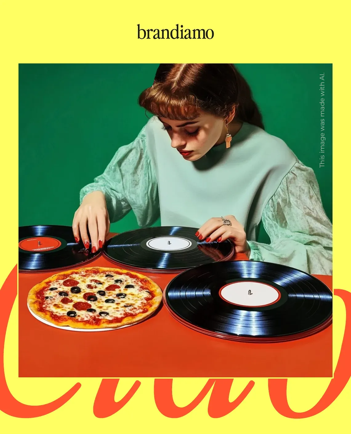Eine junge Frau schaut sich Schallplatten und eine Pizza an