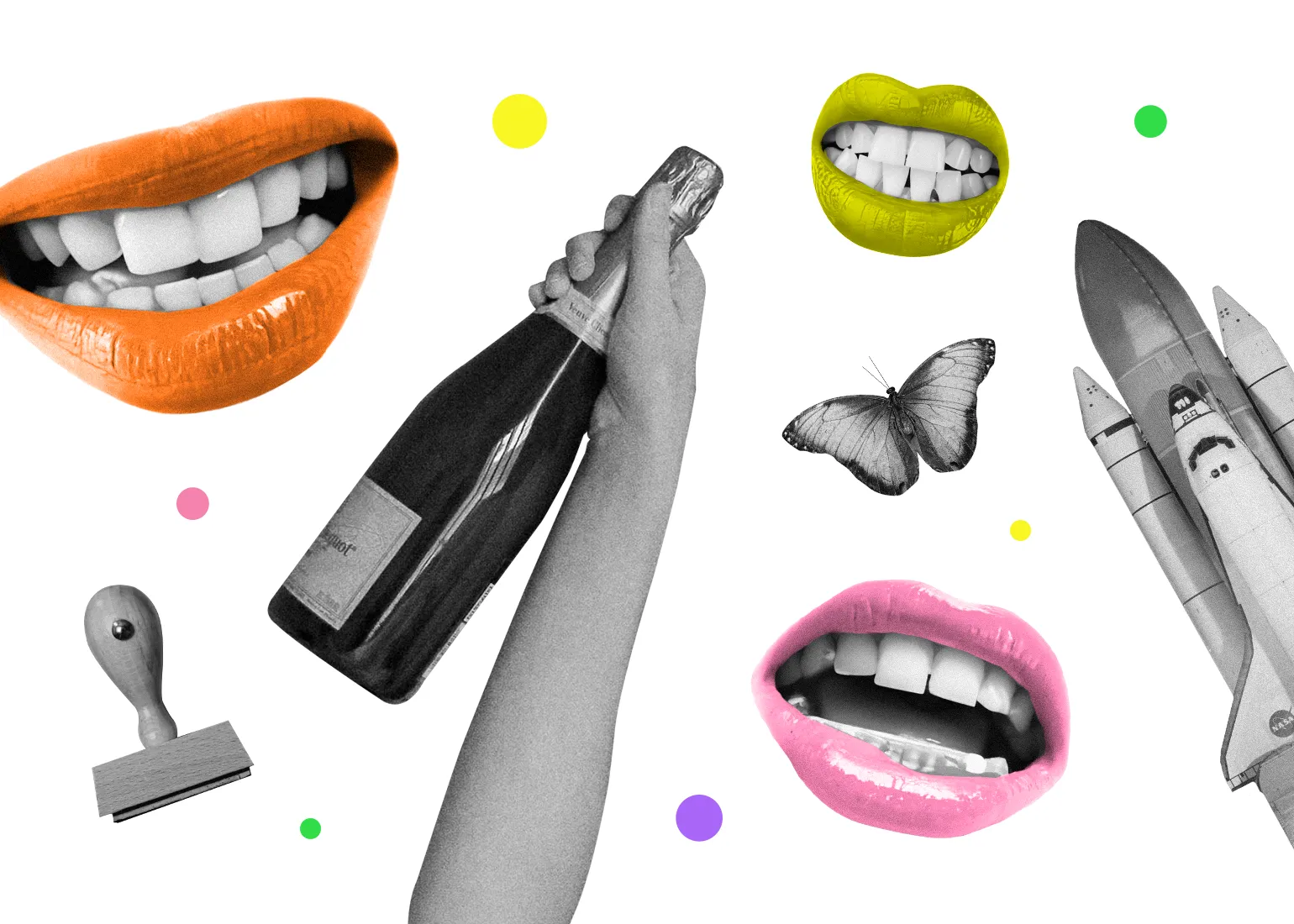 Freigestellte Elemente wie eine Champagnerflasche, eine Rakete und Münder vor weißem Hintergrund