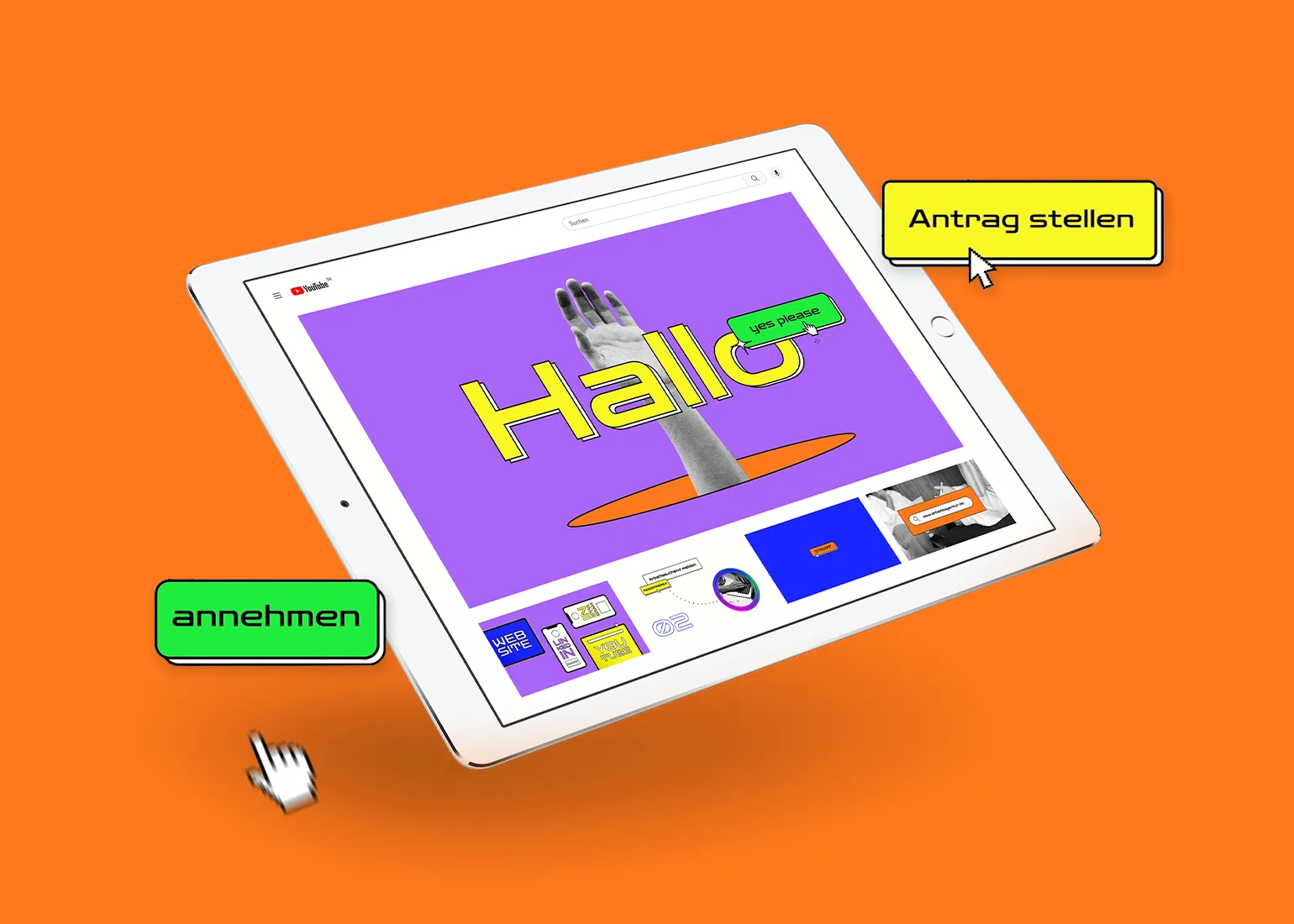 Ein Ipad zeigt eine Szene aus einem Erklärvideo vor orangenem Hintergrund