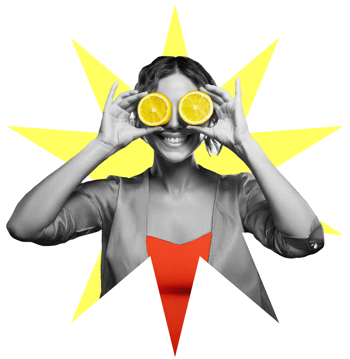 Eine Frau hält sich zwei Zitronen wie eine Brille vors Gesicht