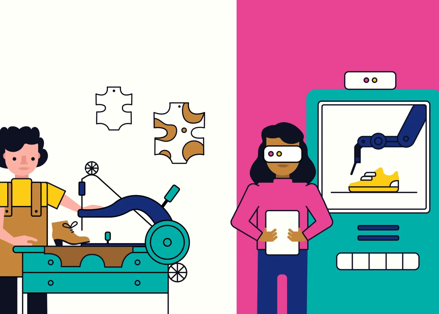 Zwei illustrierte Schusterinnen mit ihren Arbeitsgeräten