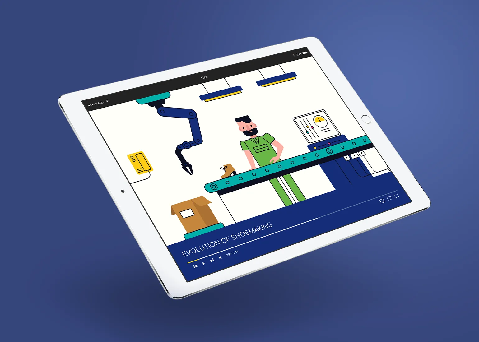Ein Ipad zeigt eine Szene aus dem Erklärvideo Shoemaker vor dunkelblauem Hintergrund